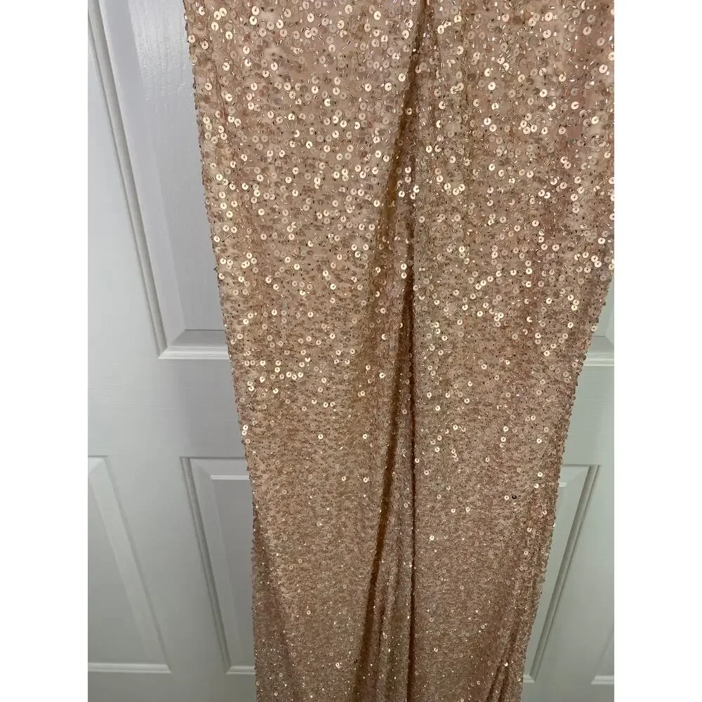 Mac Duggal Sequined Sleeveless V Neck Side‎ Slit Gown, Sz 16, Nude / Rose Gold - Picture 3 of 4